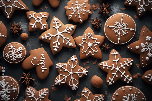 Christmas gingerbread cookies in various holiday shapes. A variety of gingerbread treats beautifully arranged on a table, top view, flat lay
