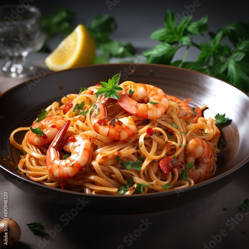 spaghetti with sauce and basil real photo photoreal