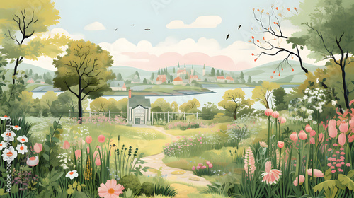 Illustration of an English countryside with a flowering field and church in the background