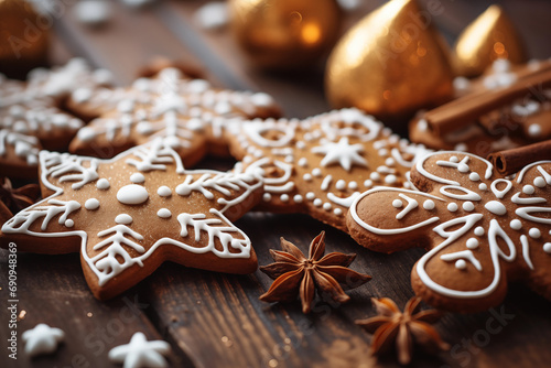 Christmas gingerbread cookies in various holiday shapes. A variety of gingerbread treats beautifully arranged on a table, closeup