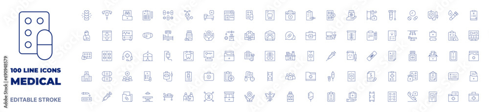 100 icons Medical collection. Thin line icon. Editable stroke. Medical icons for web and mobile app. - obrazy, fototapety, plakaty 