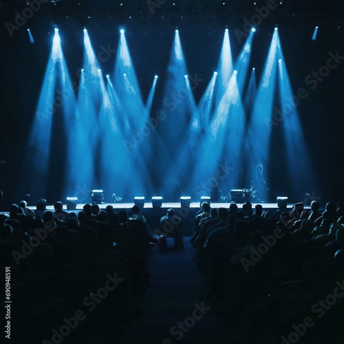 Idea for an online entertainment event. The setting for the concert. Blue spotlights on stage. Stage empty, blue spotlights on photo