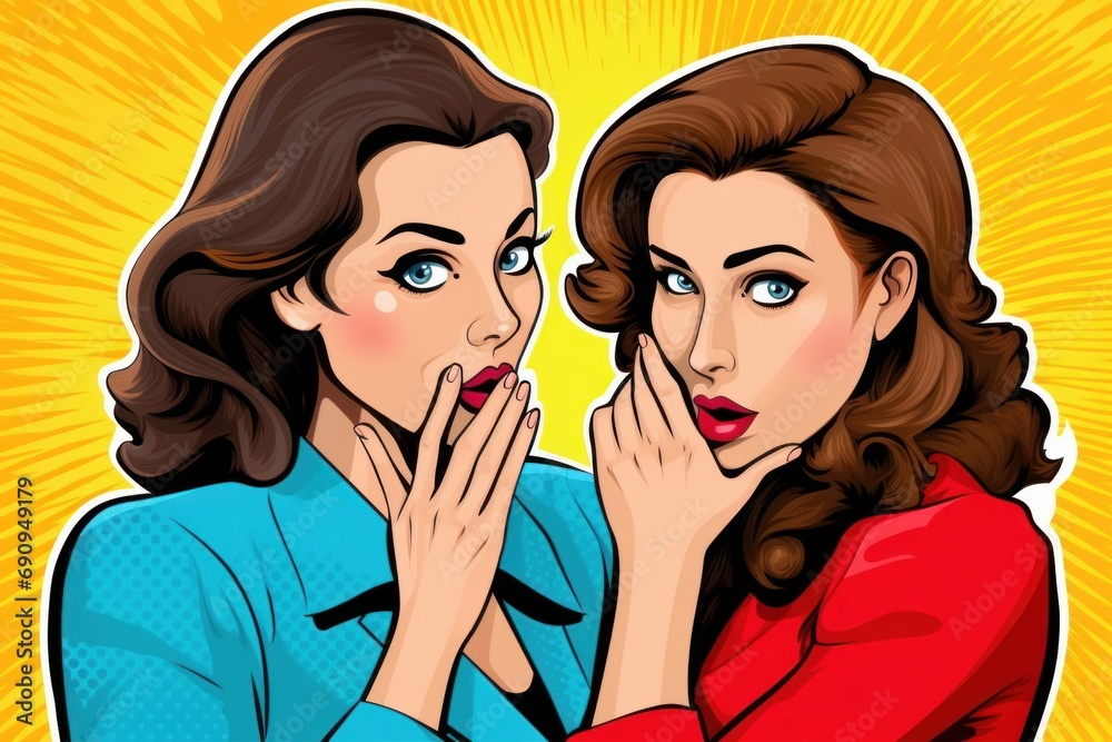 Woman whispering gossip or secret to her friend. Colorful illustration in pop art retro comic style, Generative AI Woman whispering gossip or secret to her friend. Colorful illustration in pop art retro comic style, Generative AI