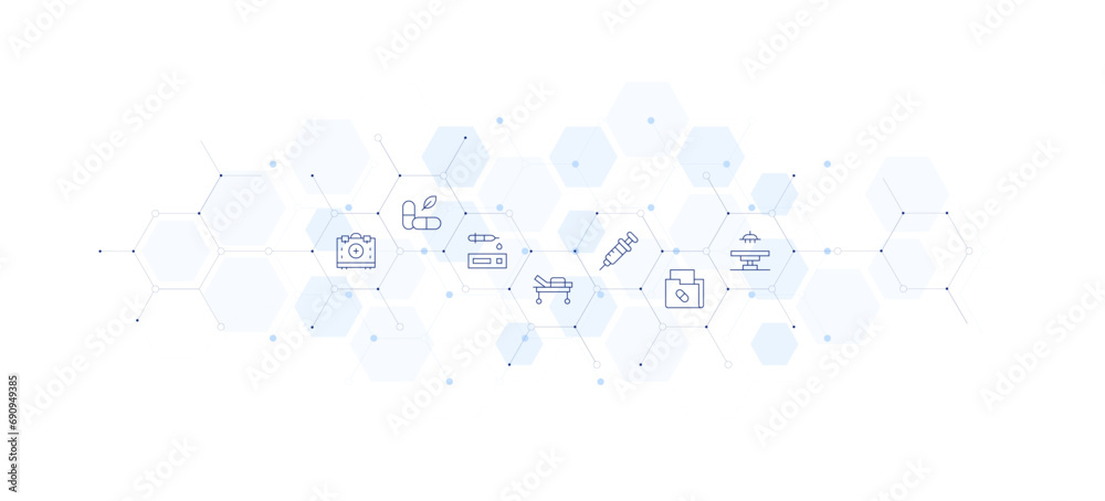 Medical banner vector illustration. Style of icon between. Containing pills, surgery room, medical test, medical bed, medical kit, medical folder, syringe.