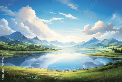 A serene landscape with rolling hills and a crystal-clear lake reflecting the sky. Sunlight gently kissing the scene. © Faisu