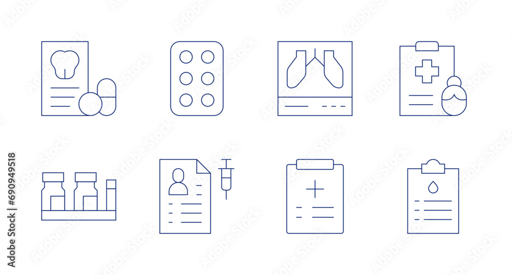 Medical icons. Editable stroke. Containing prescription, pills, medication, medical record, medical report, x rays, medical history.
