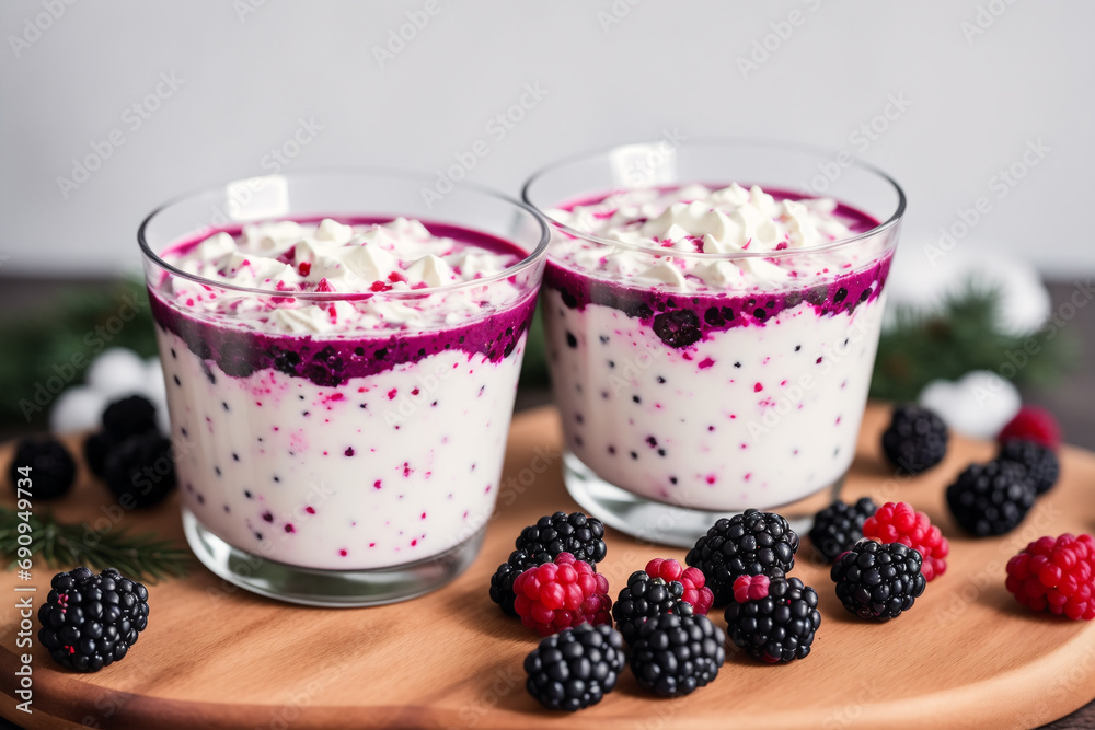 Strawberry yogurt in a white bowl.Yogurt with fresh blackberries, raspberries. Generative AI Strawberry yogurt in a white bowl.Yogurt with fresh blackberries, raspberries. Generative AI