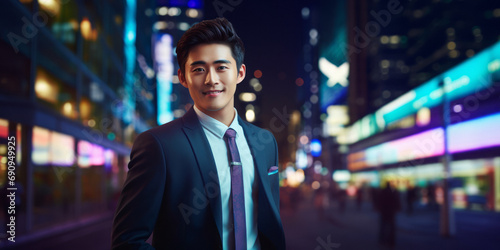 Handsome Asian businessman in elegant suit against the wide backdrop of city lights with a blurred background