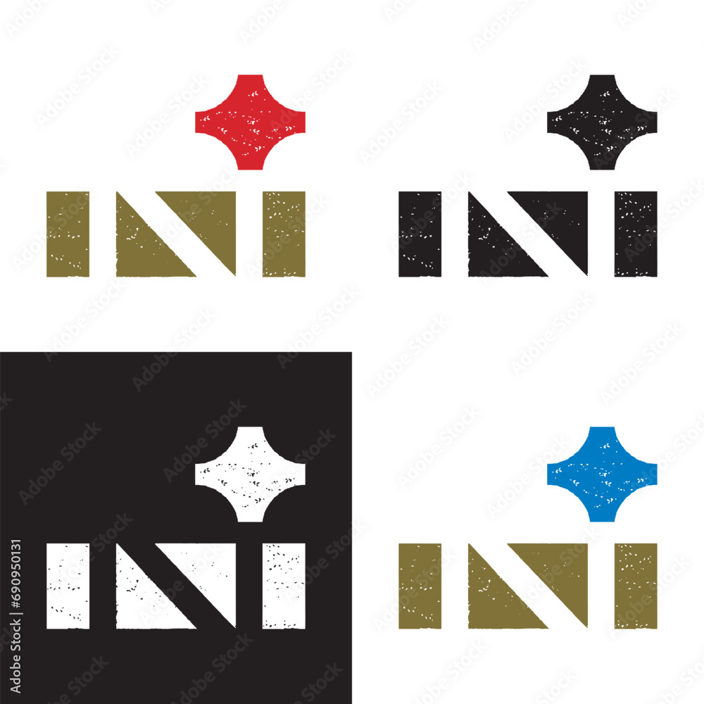 Fototapeta premium North Star N Letter Logo Design in Retro Art Style with Grungy Textured Feel Vector Logo Art