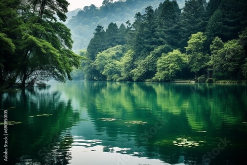 A serene mint green lake surrounded by lush forests and reflected in the calm water, creating a mirror-like effect. © Faisu