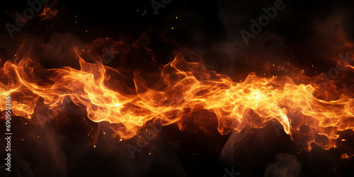 Abstract fire flame and particles on black background. Wide template or banner, creative design with copyspace
