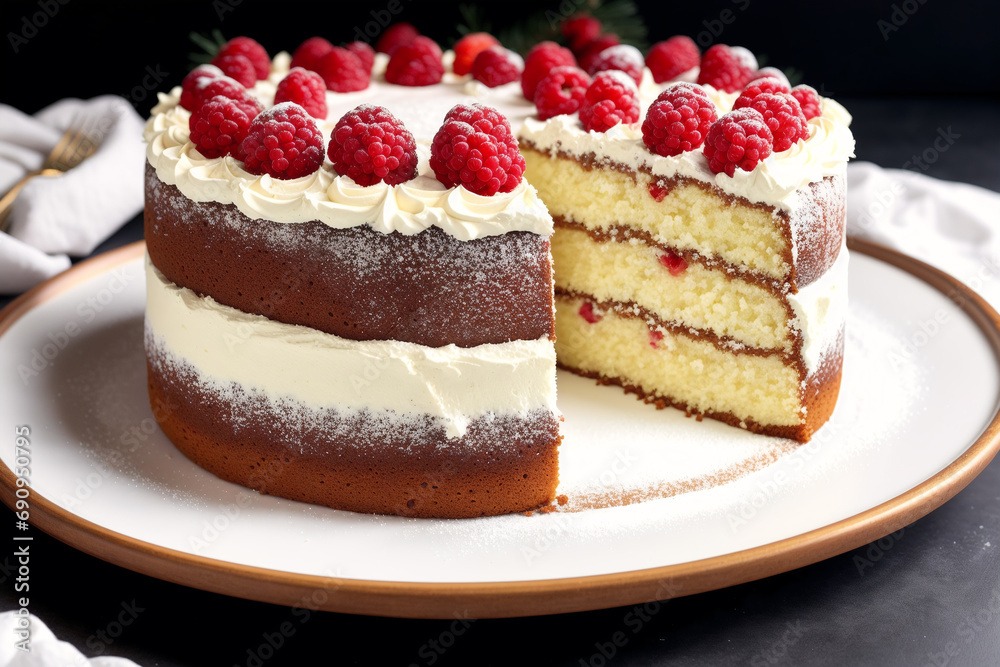 Chocolate cake with raspberries and cream on a wooden table. Homemade cake with nuts and honey. Generative AI Chocolate cake with raspberries and cream on a wooden table. Homemade cake with nuts and honey. Generative AI
