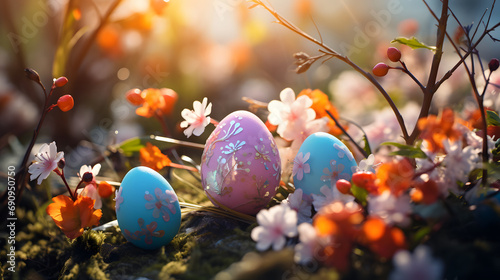 Easter eggs in a meadow surrounded by flowers