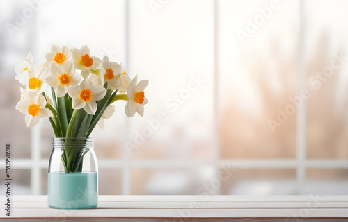 colorful narcissus flowers in transparent glass vase on white wooden table over blurred window background