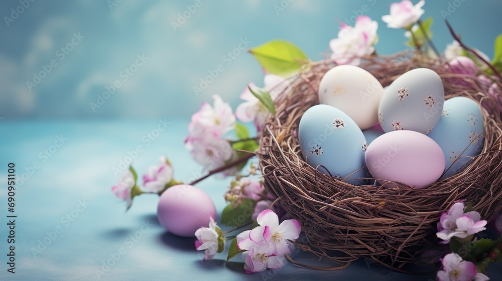 Beautiful pastel color Easter eggs and flowers in a basket with copy space. Colorful spring theme background. Beautiful pastel color Easter eggs and flowers in a basket with copy space. Colorful spring theme background.