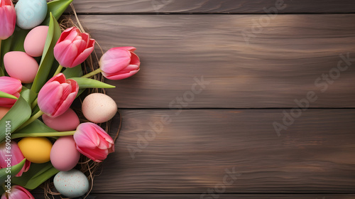 Easter eggs and tulips, copy space