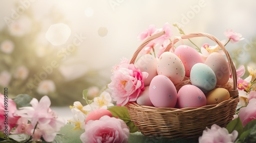 Beautiful pastel color Easter eggs and flowers in a basket with copy space. Colorful spring theme background.
