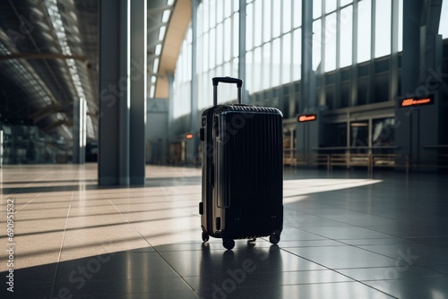 A sleek, black suitcase standing alone in a modern airport terminal, bathed in natural sunlight.