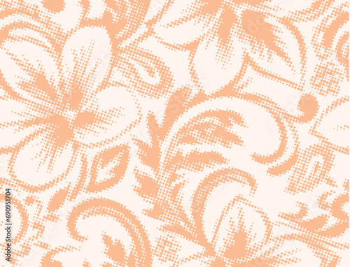 Dots and Spots of Halftone Grunge floral silhouette  Background. 2024 colors of year peach fuzz Seamless Pattern Design. Polka  Style Texture. Broken,  Print Design 