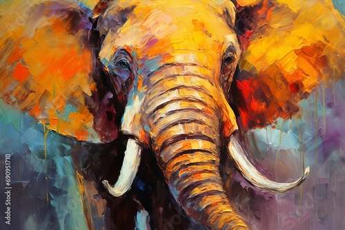 The painted elephant in oil on canvas. Contemporary painting. Textured paint strokes, Generative AI 