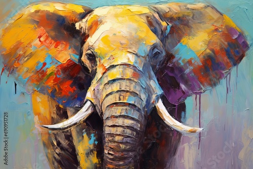 The painted elephant in oil on canvas. Contemporary painting. Textured paint strokes, Generative AI 