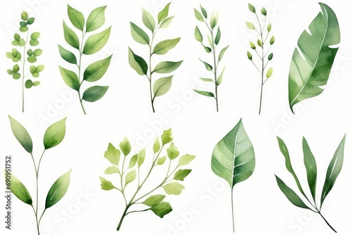 Set of watercolor green leaves elements. Collection botanical isolated on white background suitable for Wedding Invitation, save the date, thank you or greeting card, Generative AI
