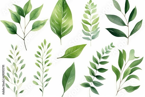 Set of watercolor green leaves elements. Collection botanical isolated on white background suitable for Wedding Invitation, save the date, thank you or greeting card, Generative AI
