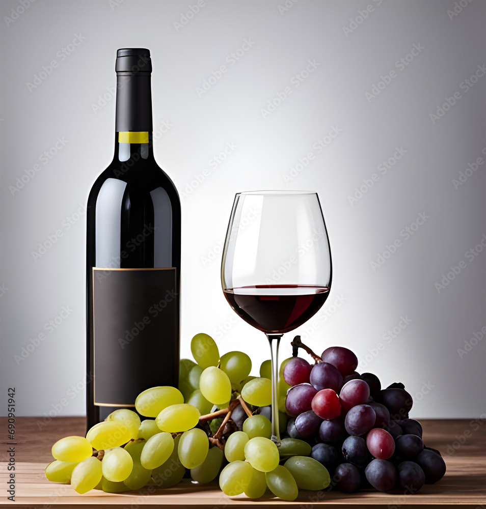 Red wine bottle with wine grapes isolated on white background.