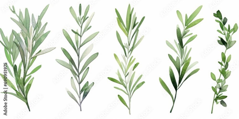 Set of watercolor green leaves rosemary. Collection botanical isolated on white background suitable for Wedding Invitation, save the date, thank you or greeting card, Generative AI - obrazy, fototapety, plakaty 