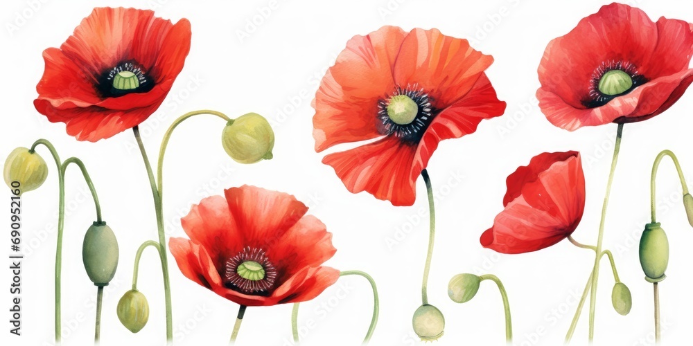 Watercolor poppy flowers. Red poppies. Hand painted floral illustration, Generative AI - obrazy, fototapety, plakaty 