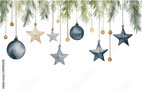  Watercolor Christmas Tree Branches Decorated With Baubles