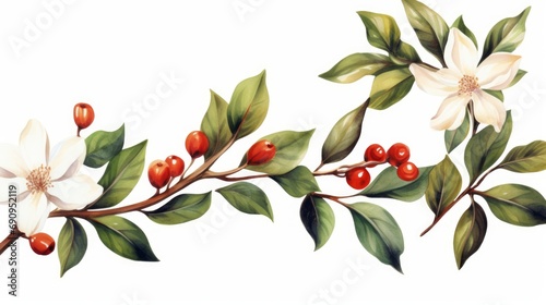 Beautiful stock clip art illustration with hand drawn set watercolor coffee plant branch with white flowers green leaves and red beans, Generative AI © Vivid Snap