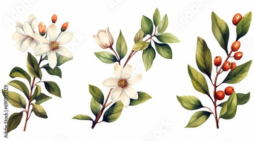 Beautiful stock clip art illustration with hand drawn set watercolor coffee plant branch with white flowers green leaves and red beans, Generative AI