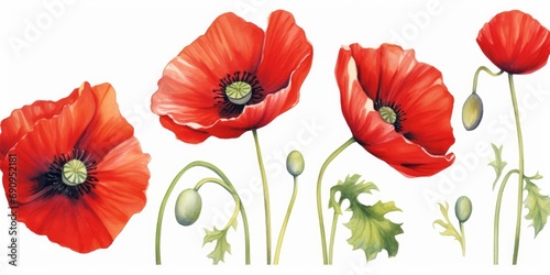 Watercolor poppy flowers. Red poppies. Hand painted floral illustration, Generative AI