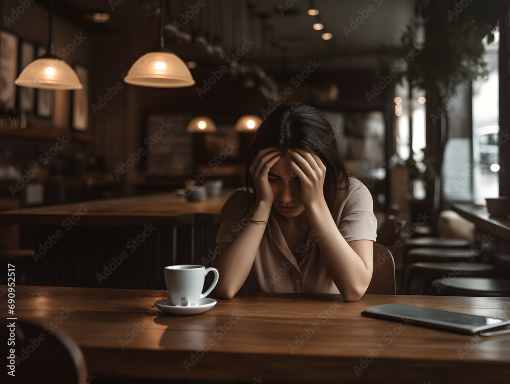 Concerned Woman Sitting in a Café with a Coffee Cup Concerned Woman Sitting in a Café with a Coffee Cup