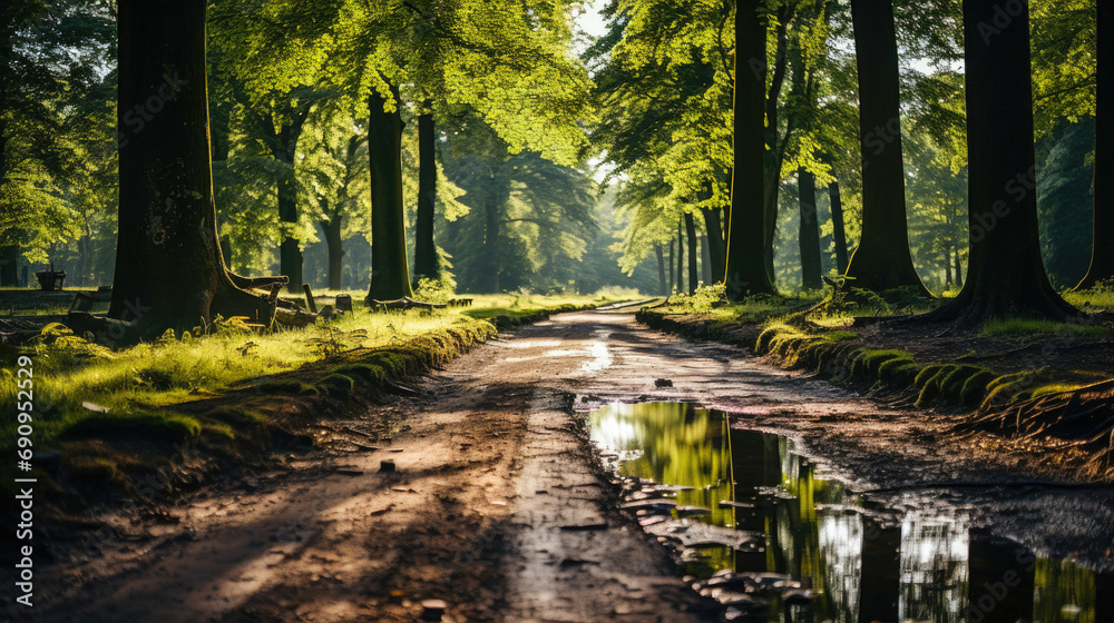 Golden Hour Sunlit Pathway Through the Spring Forest Paths with new green foliage and fresh leaves Golden Hour Sunlit Pathway Through the Spring Forest Paths with new green foliage and fresh leaves