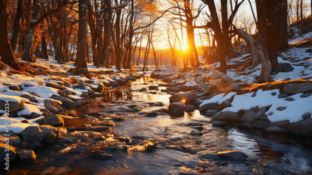 Fototapeta premium Golden Sunset over Spring Stream With Budding Trees Along the Banks with Melting Snow, Forest Creek