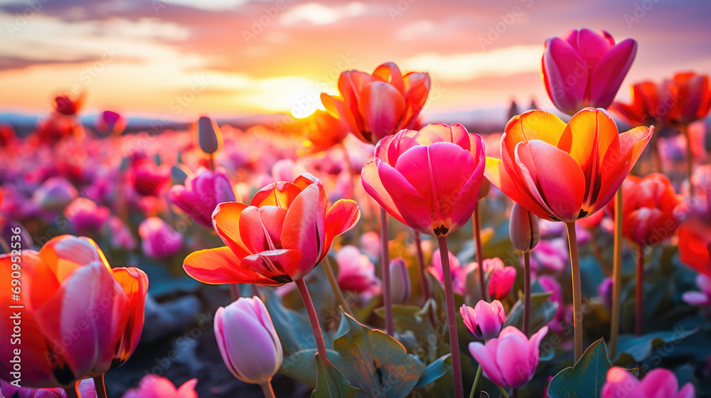 Tulip Flowers In The Sunset, Sky in Background