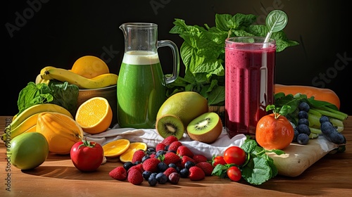 Assorted fresh fruits, vegetables, and juices on a dark background, depicting a healthy diet concept.