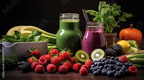 Assorted fresh fruits and vegetables with green and purple smoothies on a dark background  symbolizing healthy eating and lifestyle.