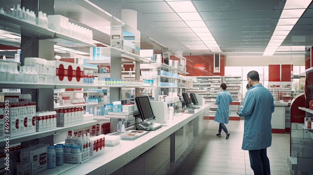 Modern pharmacy interior with pharmacists and shelves filled with medicine. Clean and organized healthcare setting.