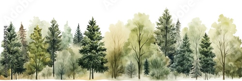 Watercolor nature forest with a seamless pattern landscape, isolated on a white background. Trees, branches, flowers. Great as wallpaper, banner or background vector. photo
