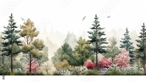 Watercolor nature forest with a seamless pattern landscape, isolated on a white background. Trees, branches, flowers. Great as wallpaper, banner or background vector. © Merilno