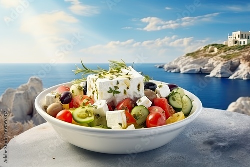 Greek Salad, Fresh Garden Mediterranean Salat in Greece, Greek Salad with Green Onion, Feta Cheese