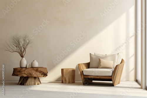 A snapshot of modern comfort, showcasing a fabric lounge chair and a wood stump side table against a beige stucco wall. The rustic elements add character to the minimalist interior.
