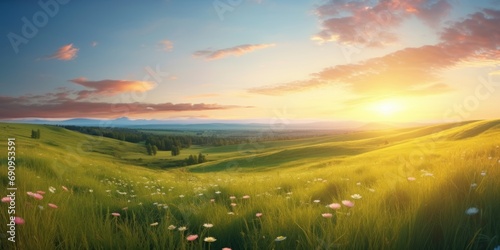 Beautiful summer colorful rustic pastoral landscape panorama. Tall flowering grass on green meadow at sunrise or sunset with beautiful announcement, Generative AI © Prisma Pixel