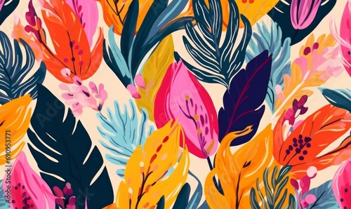 Modern exotic floral jungle pattern. Collage contemporary seamless pattern. Hand drawn cartoon style pattern  Generative AI