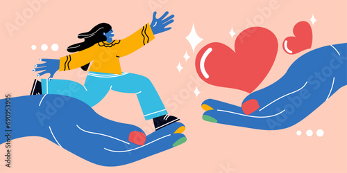 Hand with Woman and Heart shape. Concept of support and kindness in community. Female volunteer share empathy and hope with needy. Help and compassion in life. Flat vector illustration.