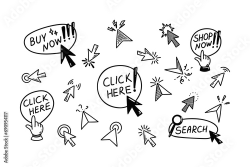 Doodle click icon set. Hand drawn mouse cursor. Press here tap button. Arrow and finger pointer. Sketch vector illustration. Design element for mobile app and web site