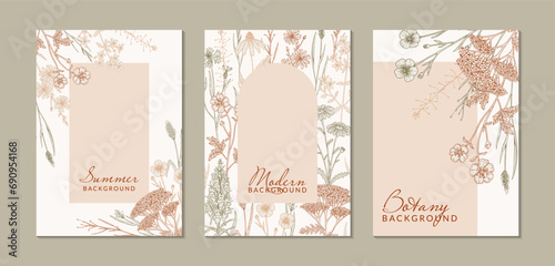 Summer vertical design with wildflowers. Hand drawn vector illustration in sketch style. Social media stories template